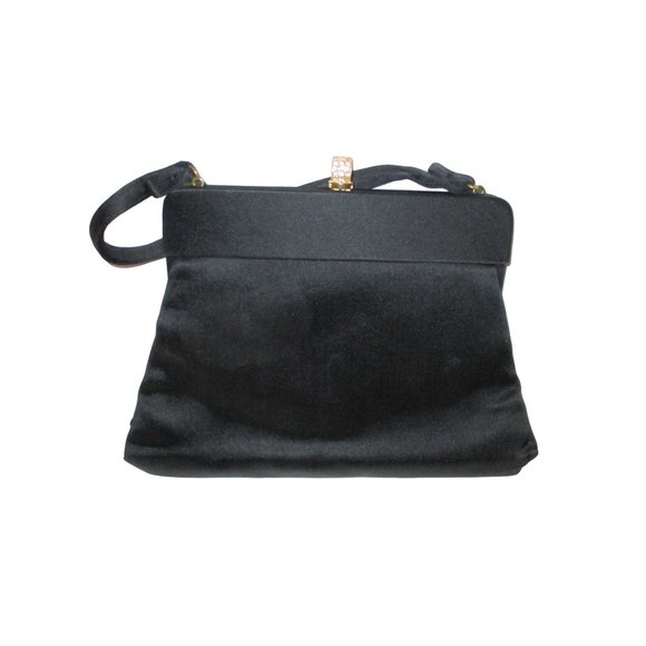 *Vintage Magid Black Peau de Soie Satin Rhinestone Snap Closure Evening Bag - Picture 2 of 8